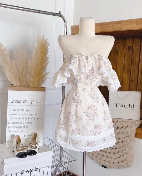 Women Ruffle Off-Shoulder Lace Border Floral Mini Dress with Cute Hairband